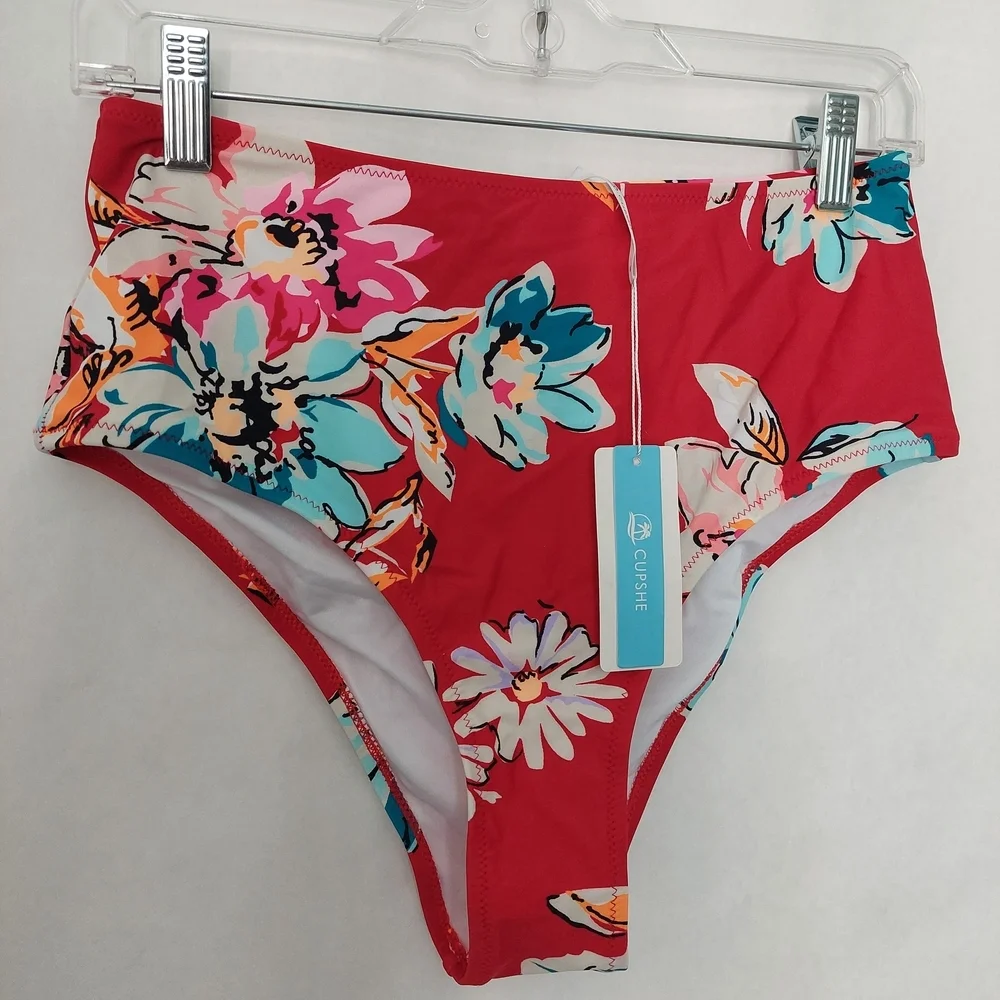 Cupshe Red Floral High-Waisted Bikini Bottom